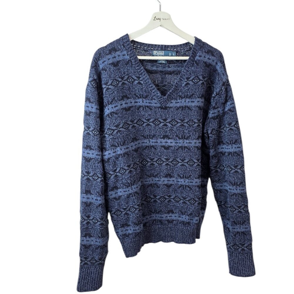 Polo Ralph Lauren Men's Vintage Cotton, Silk, Linen Sweater, Blue, V-Neck, Sz L